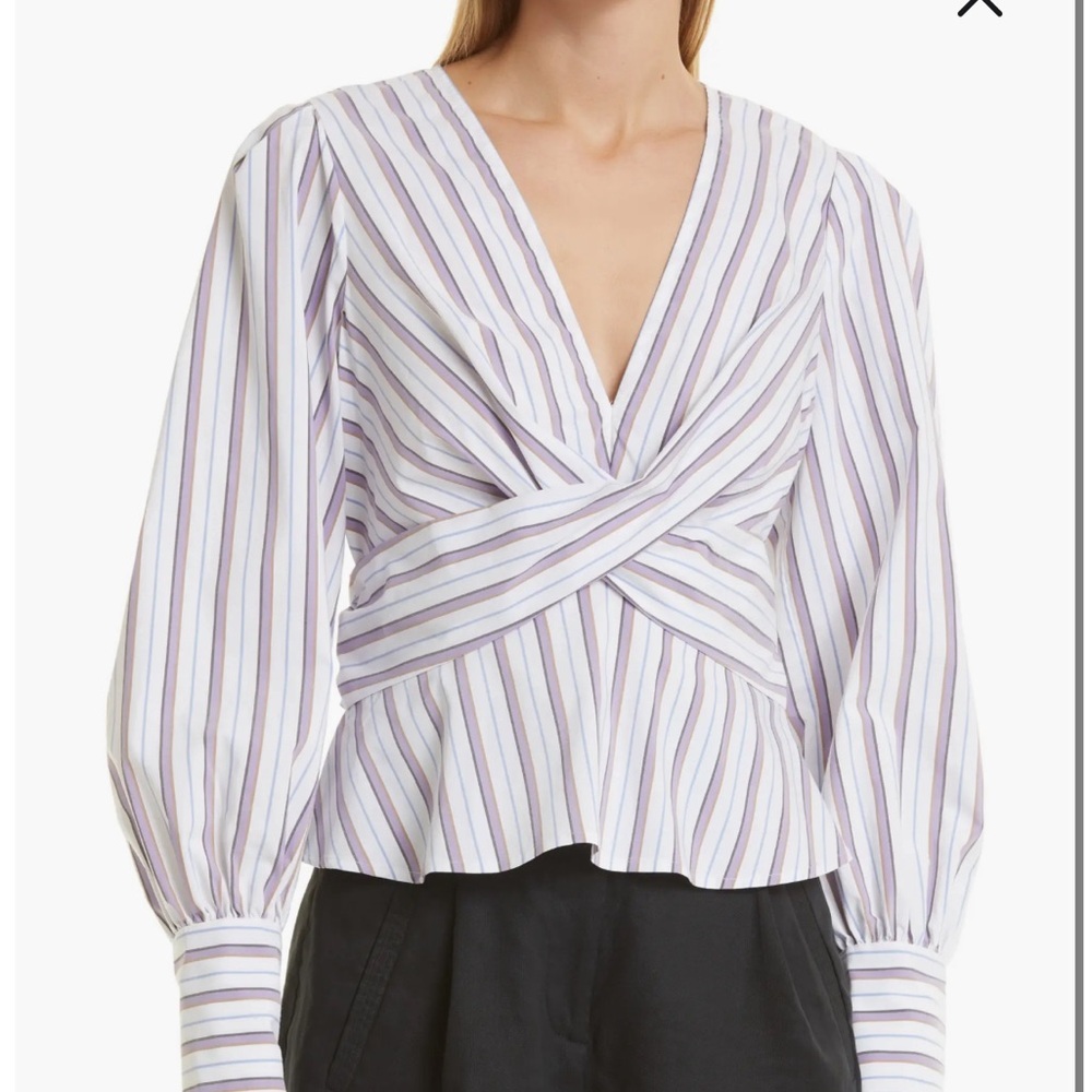 Veronica Beard Seema Stripe Twist Front Blouse in Off White Multi NEW